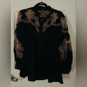 Anewsta Black Embroidered Button Down Blouse